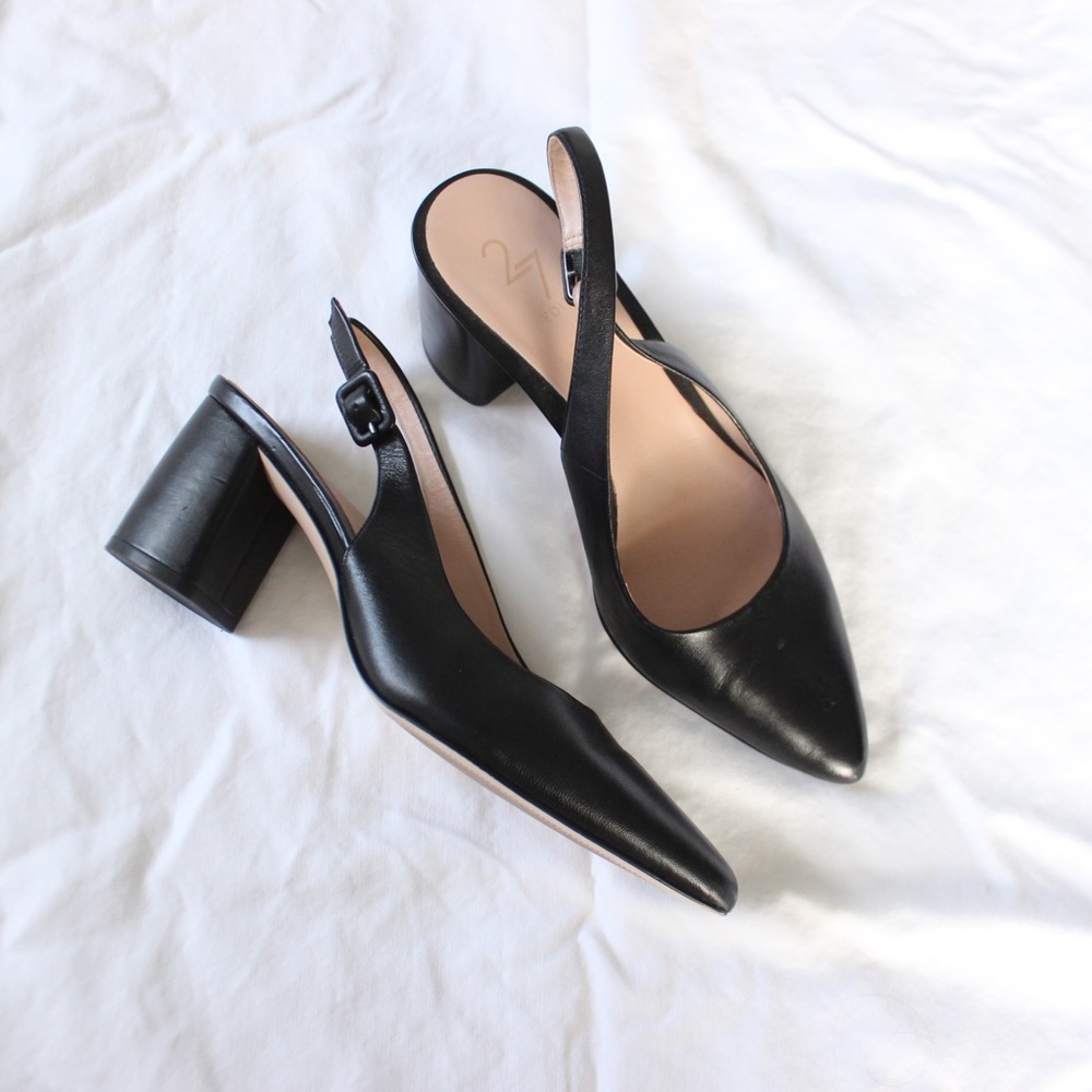 27 Edit Meera Black Leather Sling Back Heels. Size: 7